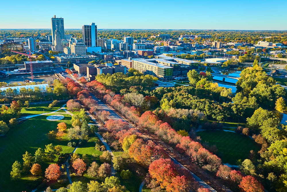 Aerial Autumn Urban Park and Cityscape, Fort Wayne